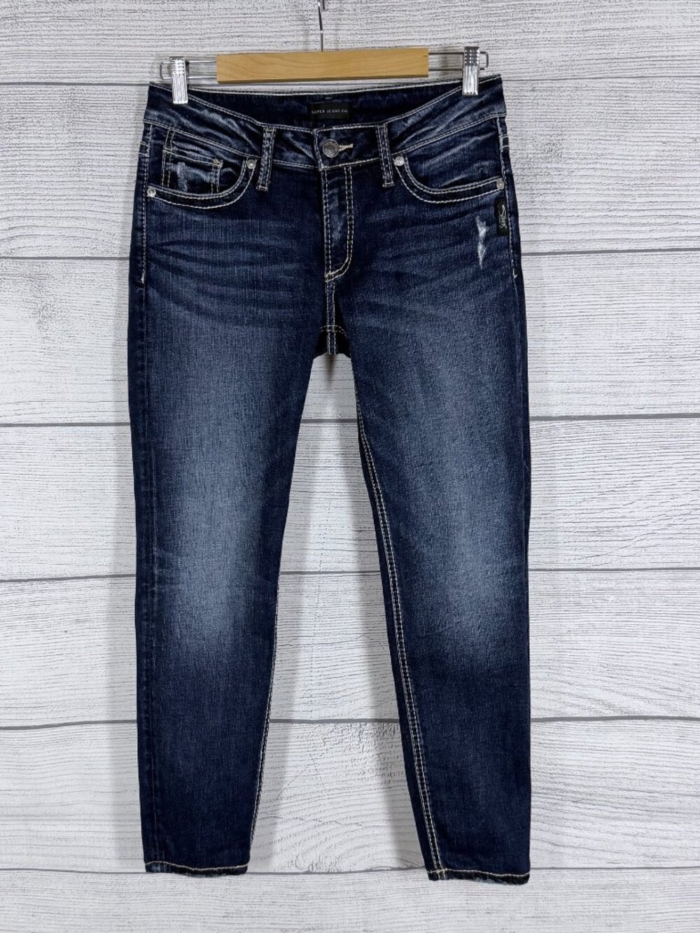 💙 Silver Jeans Co Suki Mid Rise Skinny Dark Wash Distressed Jeans Size 29